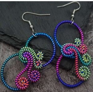 1pair Vintage Fashion Colorful Green Round Spiral Dangle Earrings, Boho Style